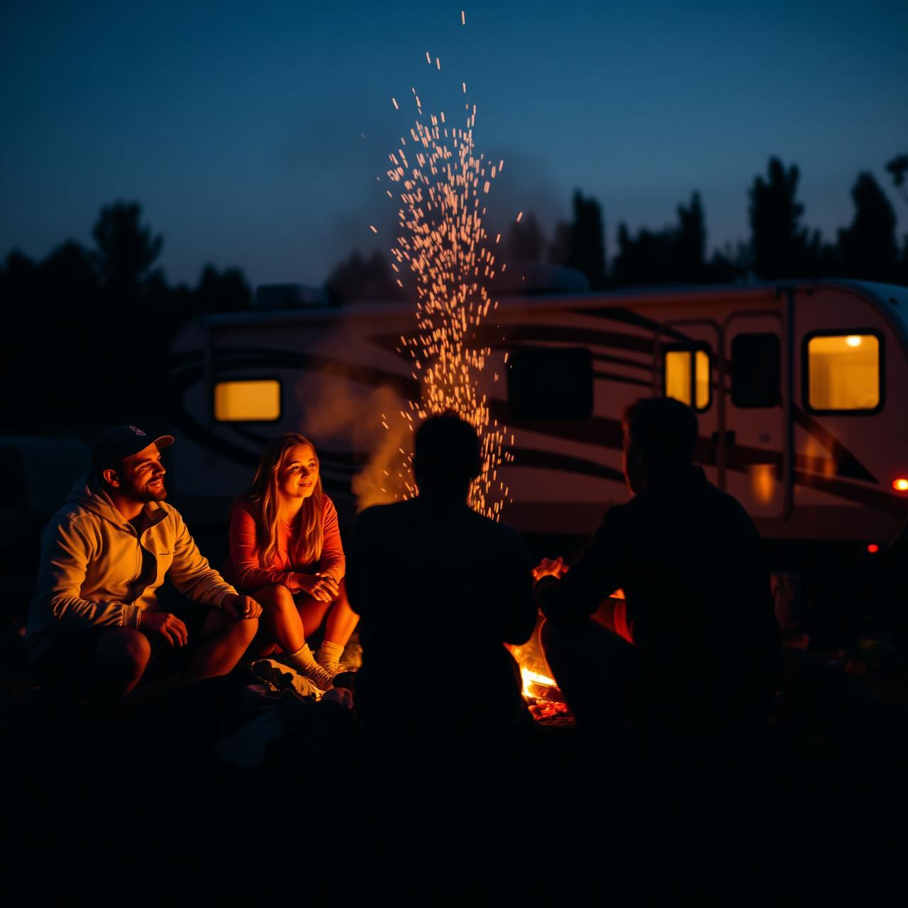 Friends gathered around a campfire next to an RV at dusk