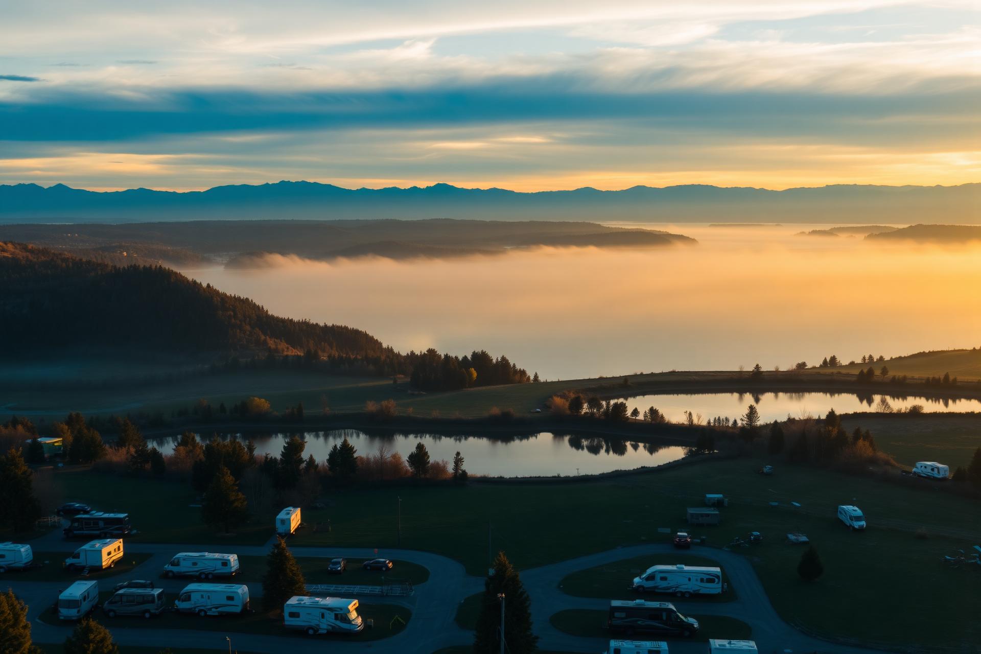 Aerial view of an RV park beside a calm lake at golden hour
